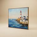 Tela dipinta faro sul mare con cornice su sfondo neutro beige