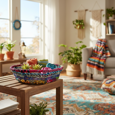 Cesto cotone riciclato multicolor in ambiente boho come organizer