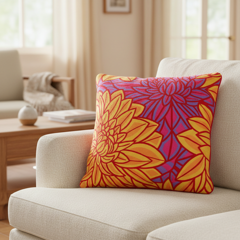 Cuscino Embroidery Fiori di Dalie in primo piano su divano