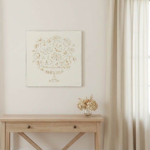 Pannello decorativo floreale in legno bianco anticato in ambientazione interior design