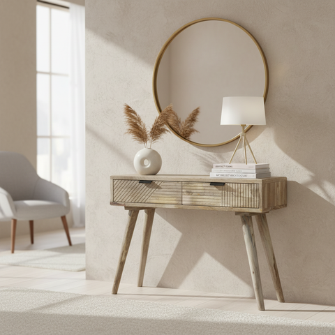 Consolle Leeds in mango con cassetti decorativi ambientata in ingresso