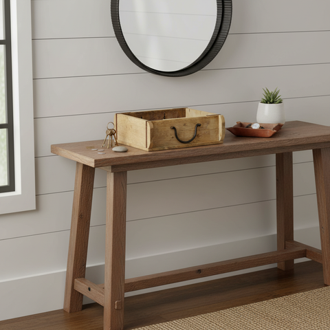 Cassetta in legno con maniglia ferro in ambiente come organizer funzionale