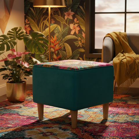 Pouf Malindi Quadrato Leopardo ambientato in interno jungle-chic