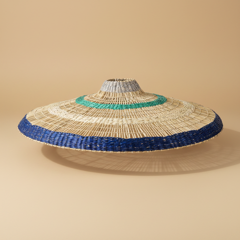 Paralume seagrass blu teal sfondo beige con ombra