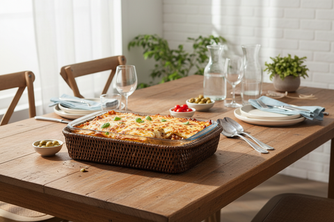 Cesta rattan rettangolare con pyrex servita in tavola con lasagna