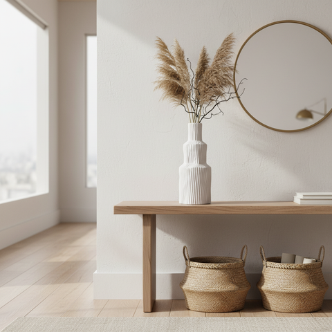 Vaso Corrugated Cement in ambiente minimal come elemento decorativo