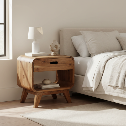 LEEDS Comodino con cassetto e ripiano ambientato in camera da letto