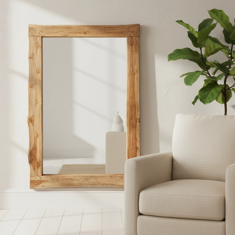 Specchio con cornice in teak naturale live-edge in ambientazione interior design