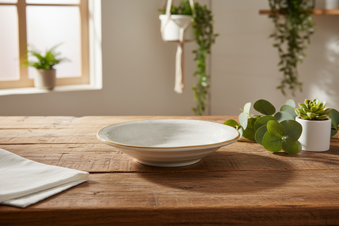 Piatto marmorizzato oro ambientato su tavola rustica