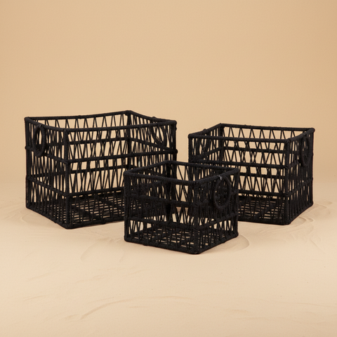 Set 3 ceste rettangolari in ferro rivestite corda di cotone nera con maniglie