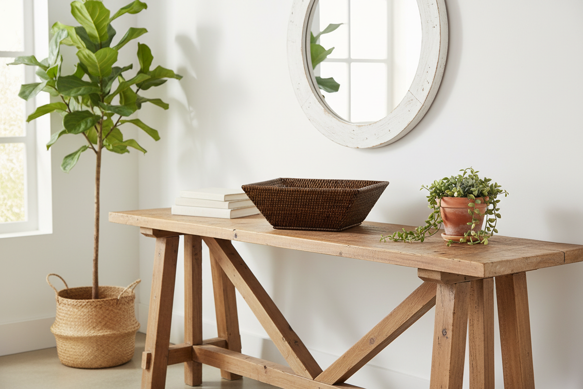 Cestino rattan trapezoidale su consolle in ambiente luminoso
