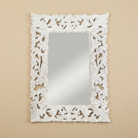 Specchio Classic con cornice legno intarsiato bianco decorazioni barocche