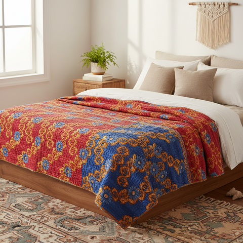 Copriletto Kantha colorato su letto in ambiente bohemien