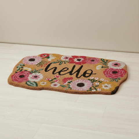 Zerbino Coco Door Mat Hello con Rose su sfondo neutro