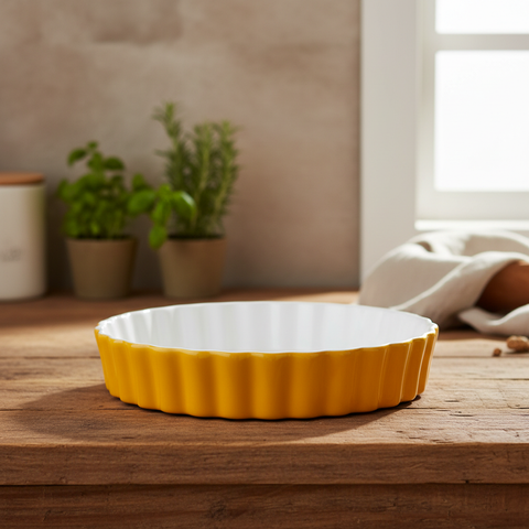 Stampo crostata ceramica gialla ambientato in cucina rustica