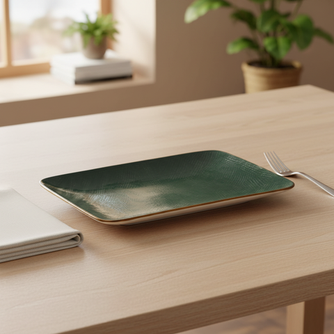 Piatto ceramica verde foresta su tavola minimal in casa mediterranea