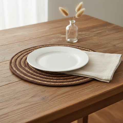 Sottopiatto rotondo spirale naturale e marrone ambientato su tavola in legno