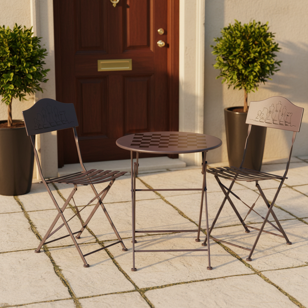 Set Game tavolino scacchiera grigio con due sedie - ambientazione outdoor