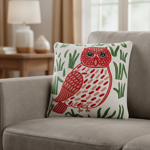 Cuscino Embroidery Gufo Rosso in primo piano su divano