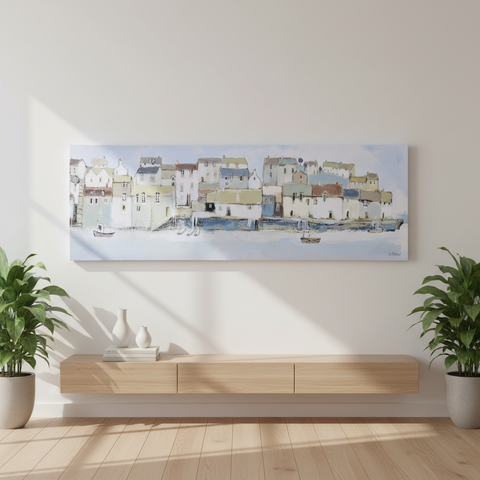 Tela dipinta water's edge villaggio costiero su sfondo neutro beige