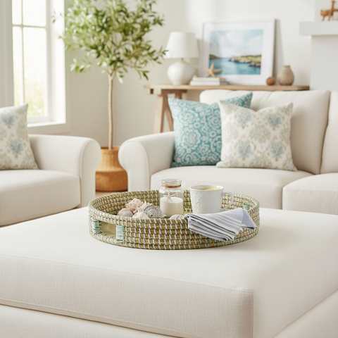 Vassoio Homemade in seagrass azzurro su tavolino costiero