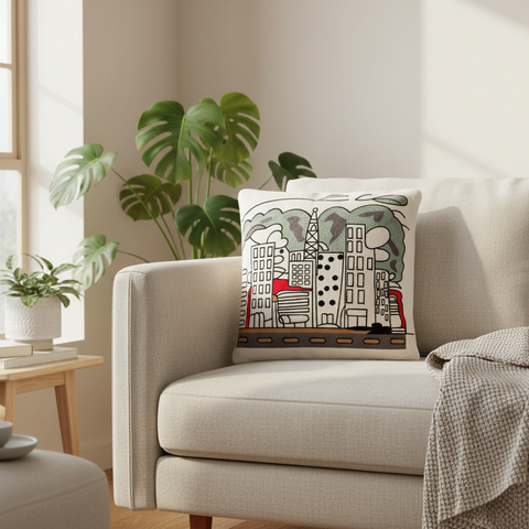 Cuscino Embroidery Skyline su divano in appartamento