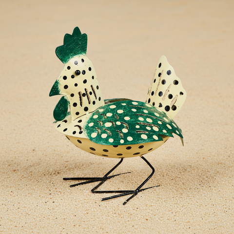 Gallina decorativa in ferro verde e crema con pois design folk art
