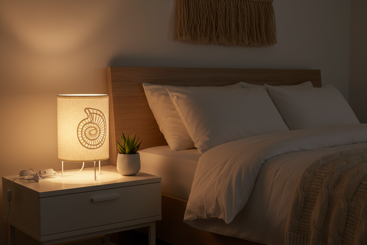 Lampada conchiglia ambientata su comodino in camera da letto con luce accesa