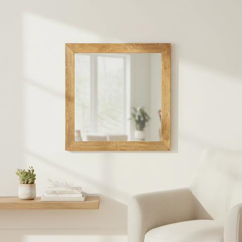 Specchio Les Bains Douches in legno mango appeso a parete in ambiente moderno
