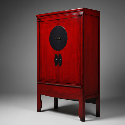 Armadio rosso con ante e ferramenta nera su sfondo grigio