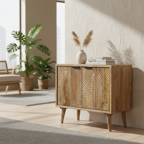 Credenza Leeds in mango con linee decorative ambientata in soggiorno