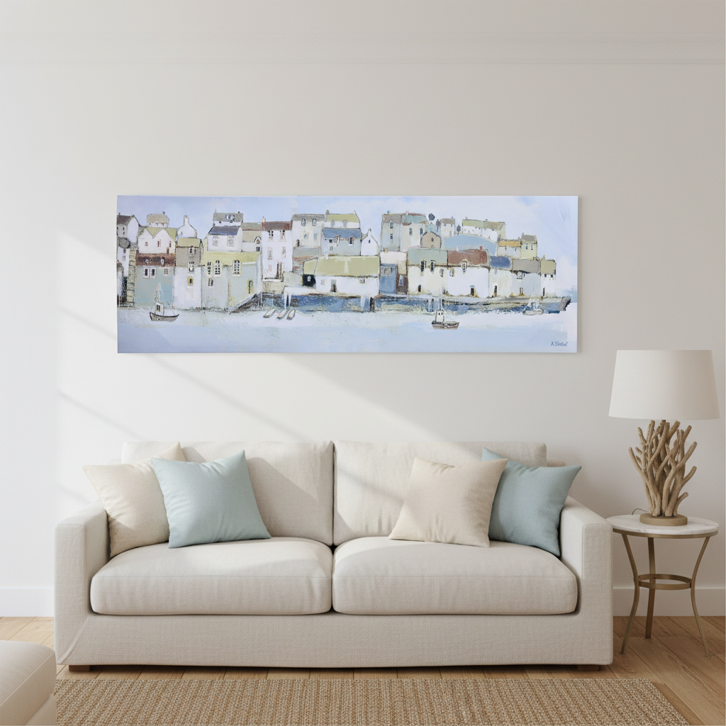 Quadro panoramico villaggio costiero Gallery sopra divano in soggiorno