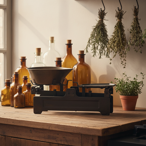 Bilancia decorativa in ferro vintage ambientata in cucina rustica