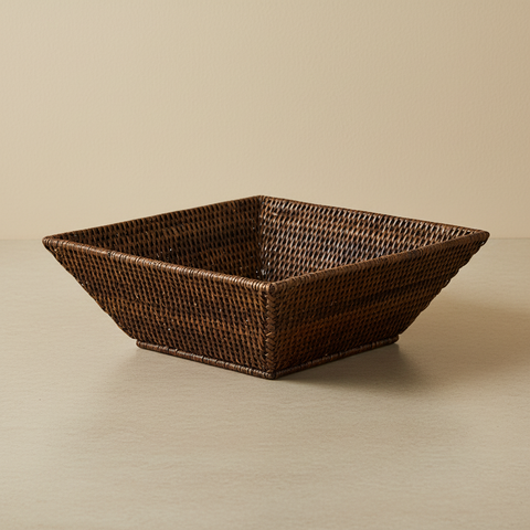 Cestino trapezoidale in rattan con forma geometrica su sfondo beige