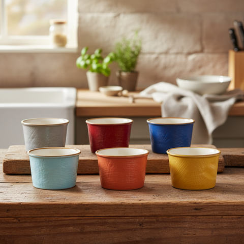 Set 6 ramekin ceramica multicolore ambientati in cucina rustica