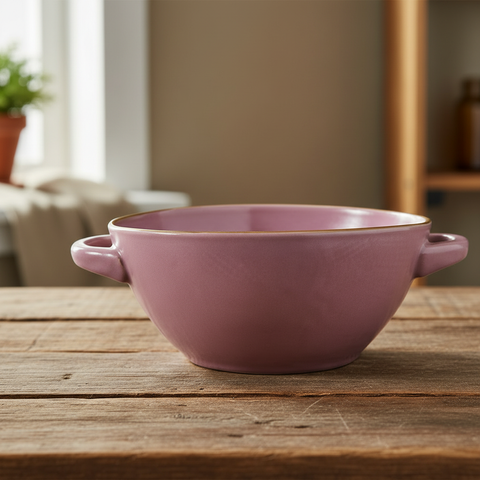 Ciotola rosa con manici su tavolo in legno