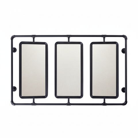 Specchio triplo da parete con cornice tubi ferro nero stile industrial