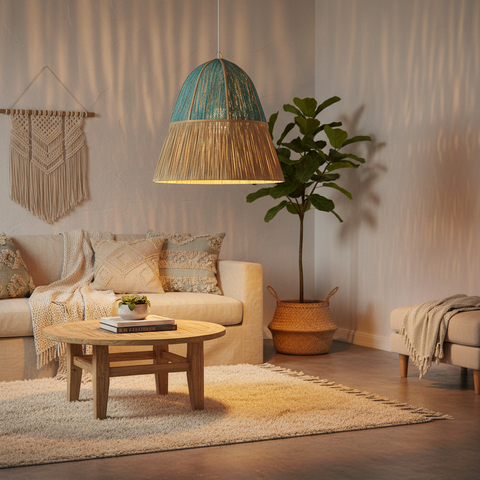 Paralume Ceiling turchese in ambiente boho con luce che crea atmosfera