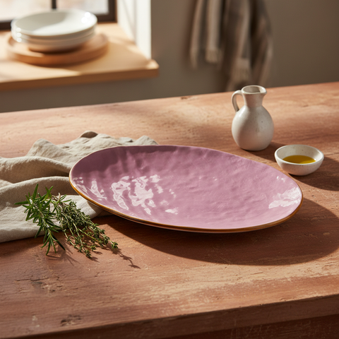 Vassoio ovale rosa ambientato in cucina mediterranea