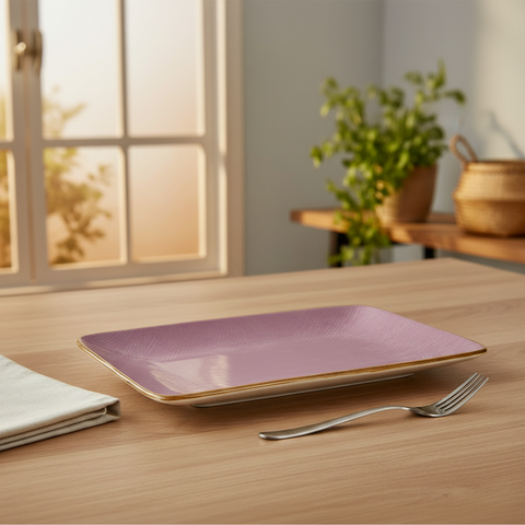 Piatto ceramica rosa su tavola minimal in casa mediterranea - formato quadrato