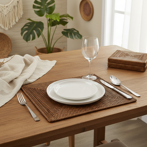 Placemat quadrato in rattan su tavola apparecchiata