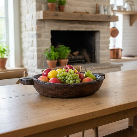 Ciotola legno riciclato in ambiente rustico come centrotavola