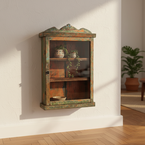 Pensile originale vintage legno multicolore ambientato su parete in appartamento