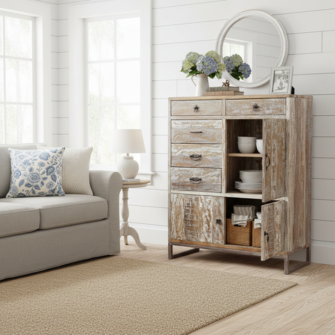 Credenza alta acacia shabby-chic in living rustico