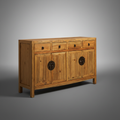 Mobile lungo in legno naturale con cassetti e ante su sfondo grigio