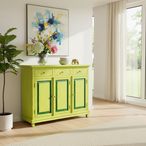 Credenza Greenfield in ambiente living moderno con decorazioni