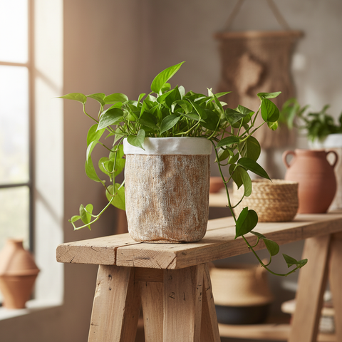 Vaso cemento effetto juta in ambiente living