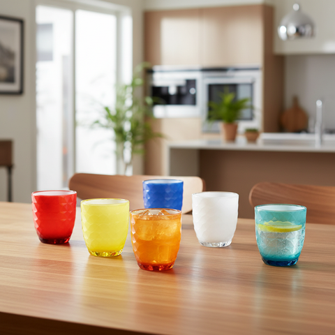 Set bicchieri colorati ambientati in cucina