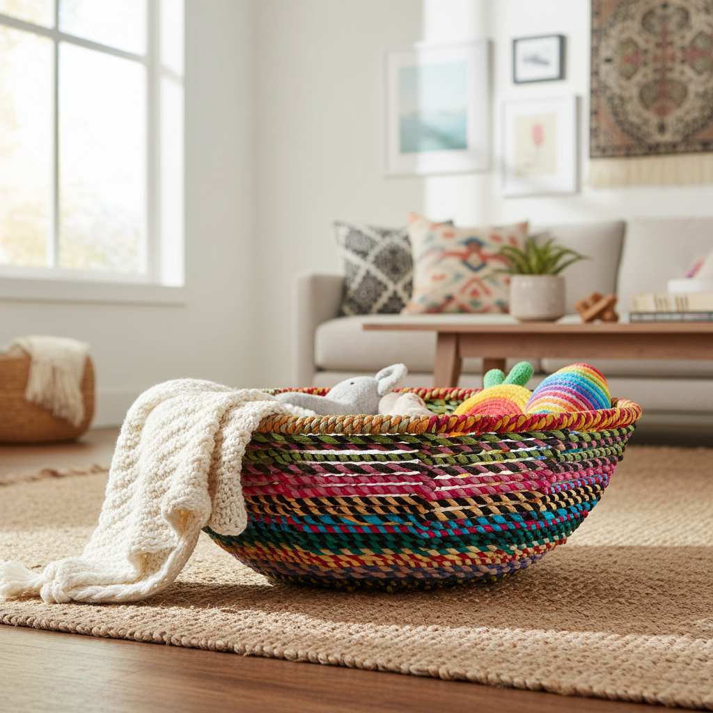 Cesto grande cotone riciclato multicolor in ambiente boho come organizer