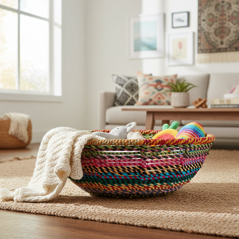 Cesto grande cotone riciclato multicolor in ambiente boho come organizer